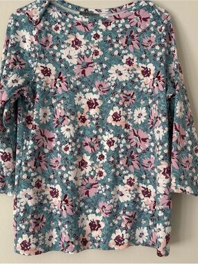 Style & Co. Floral Long-Sleeve Scoop Neck Top in Teal, Pink and White